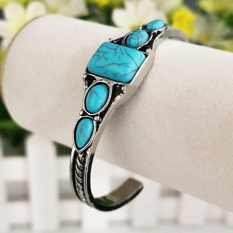 1pcs new style personality retro turquoise carved hollow geometry light luxury accessories bracelet adjustable opening bracelet