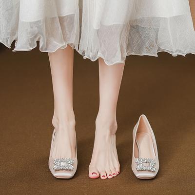 French Stunning Apricot High Heels Women's Versatile Rhinestone Square Head Light Mouth Medium Thick Heel Single Shoes Women's Shoes