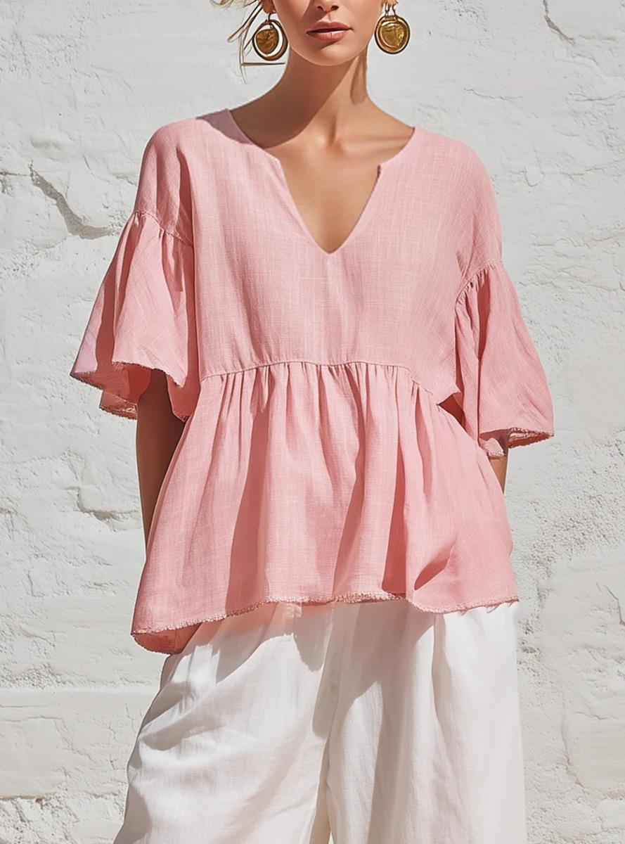 Women s V Neck Short Sleeve Blouse with Ruffle Sleeve and Gather Hem XS розовый