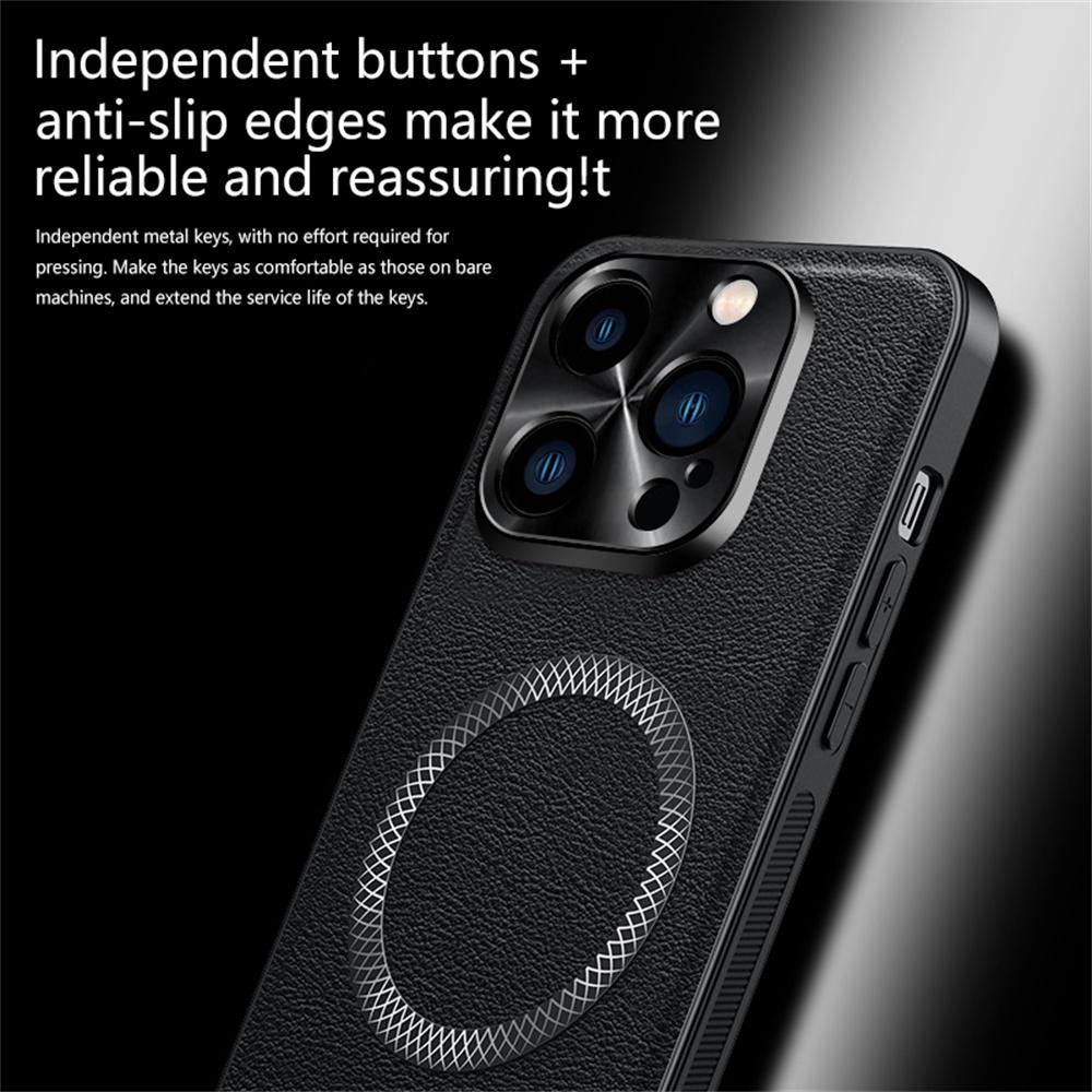 For iPhone 15 Pro Max Case Compatible with MagSafe PU TPU PC Phone Back Cover with Metal Lens Frame