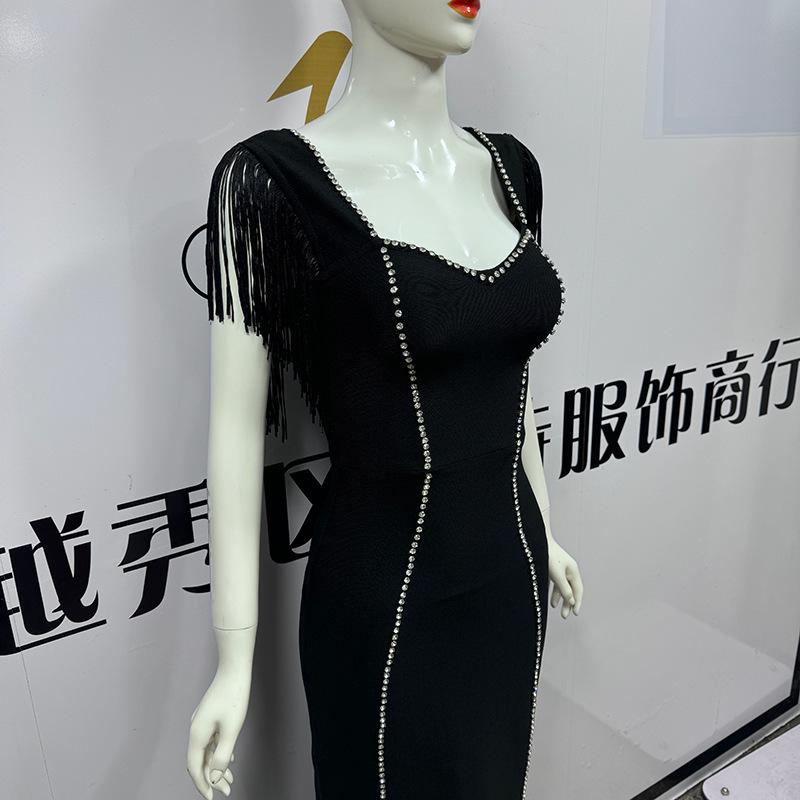 Elegant Rhinestone Tassel Sleeveless Bandage Dress