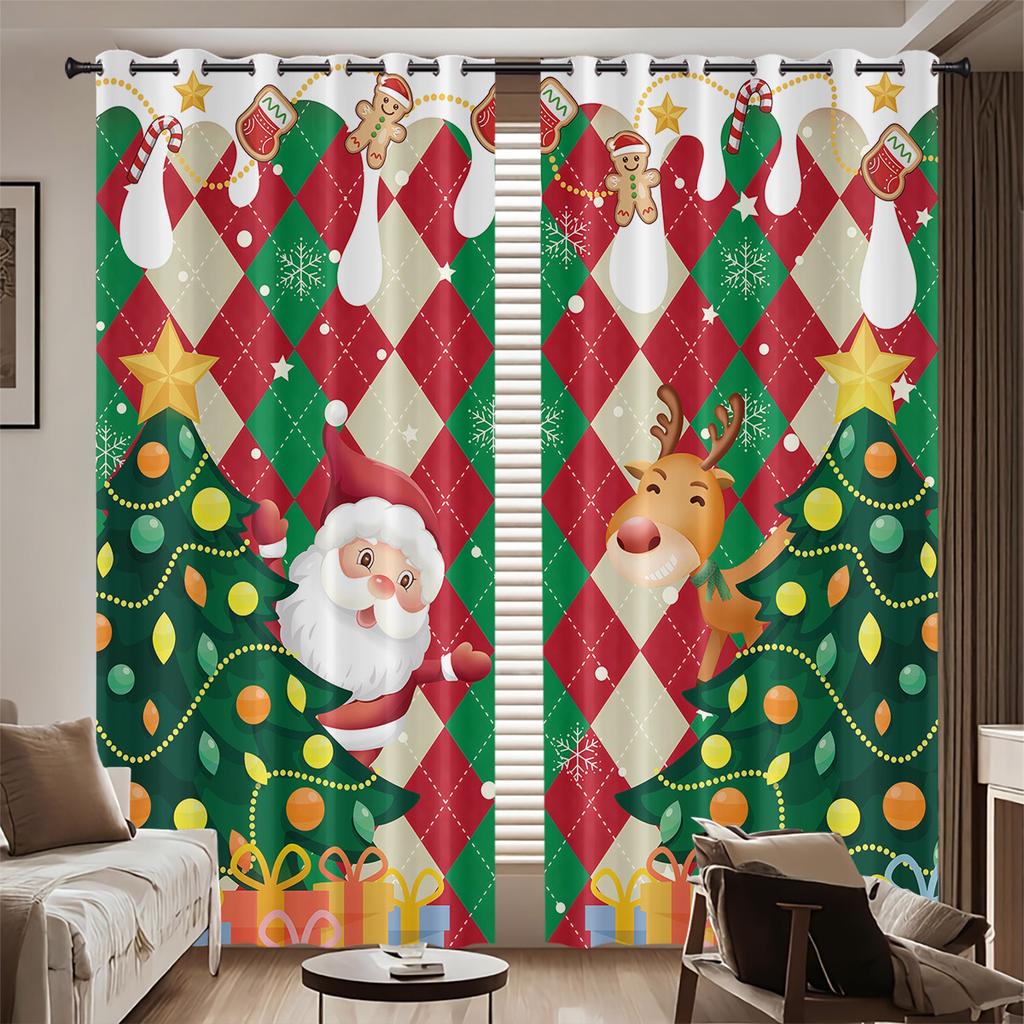 Set Of 2 Cartoon Santa Claus Reindeer Print Curtain Insulation Living Room Holiday Decoration Multiple Sizes Blackout Polyester Ideal For
