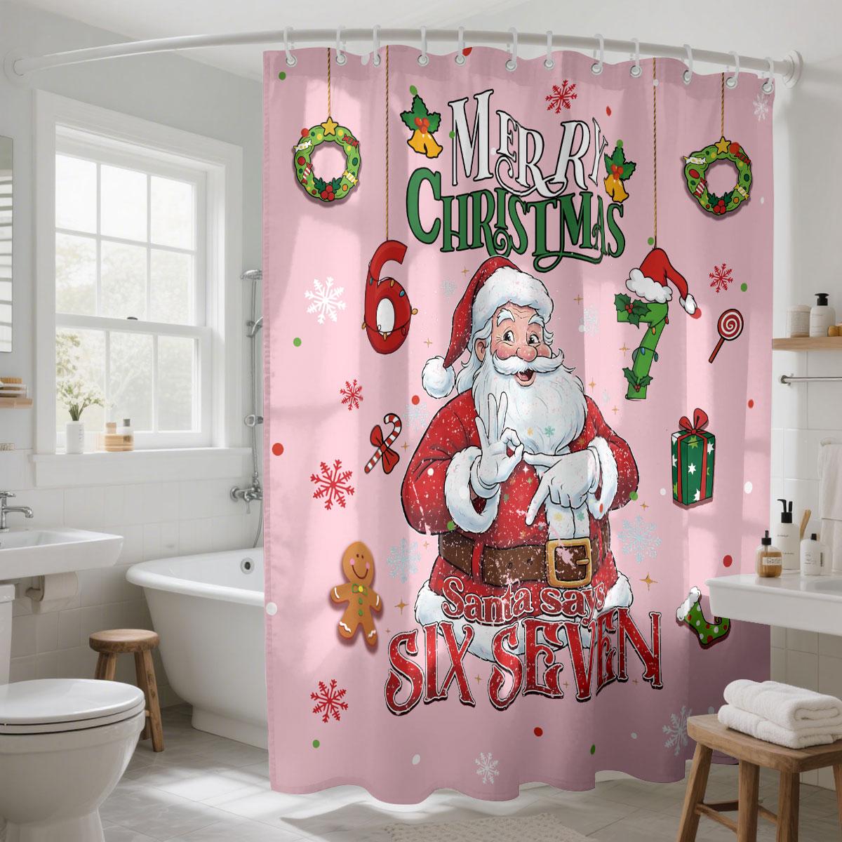 

1pc Pink Santa Claus 67 Element Printed Waterproof Shower Curtain Partition Privacy Hanging Curtain with 12 Hooks Multiple Sizes 90x180cm