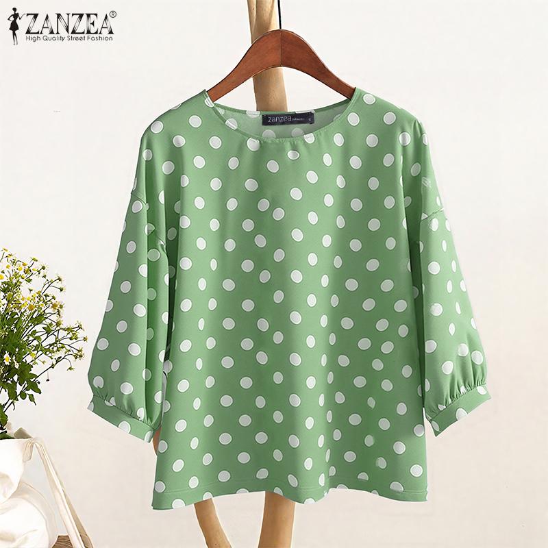 ZANZEA Women Casual Round Neck 3/4 Sleeve Loose Polka Dot Print Blouse