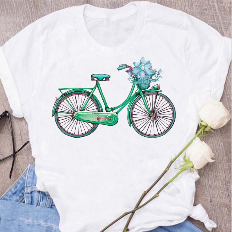 Woman Funny Bicycle Floral Print T Shirt Harajuku Women Tshirts Casual O-Neck Short Sleeves Tops Tees Shirt,Drop Shipping