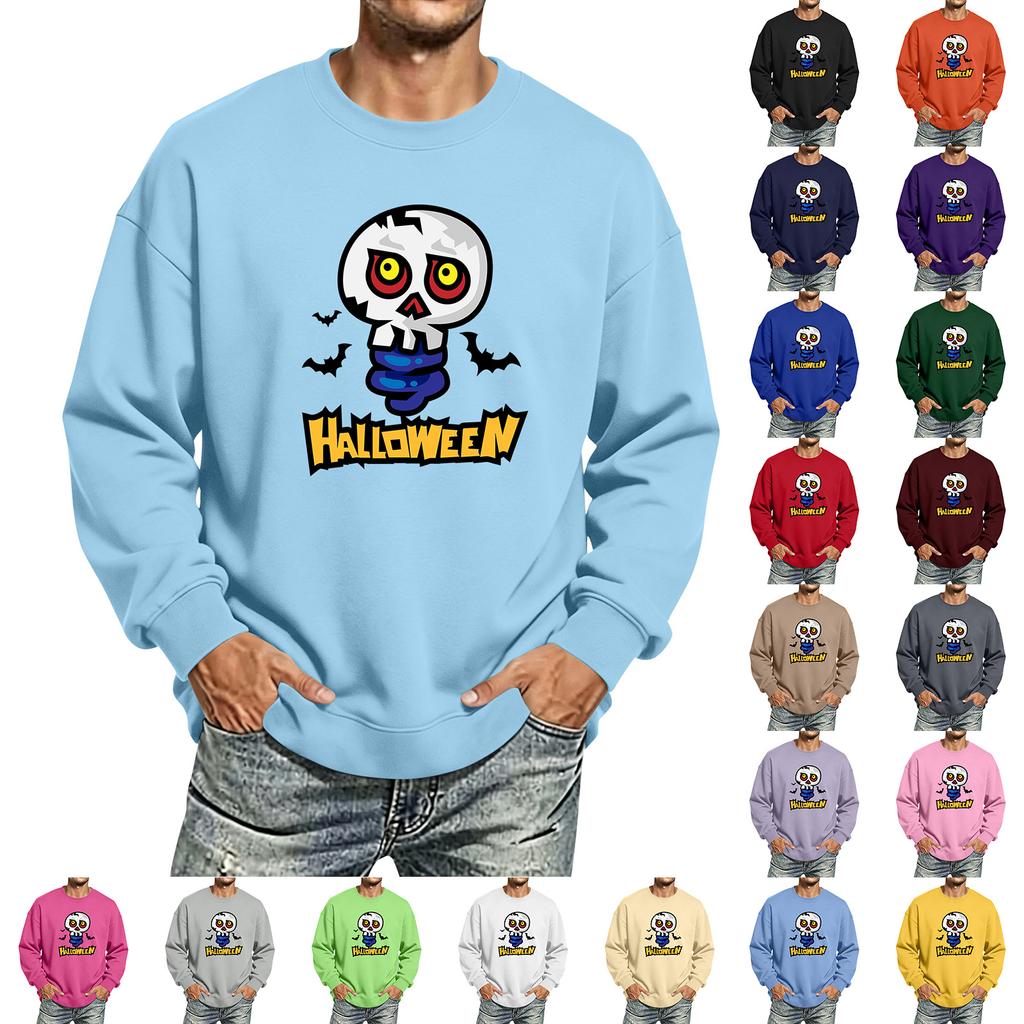 Men's Halloween Printed Long Sleeve T-Shirt Crewneck Casual Sports Top Unisex for Couples