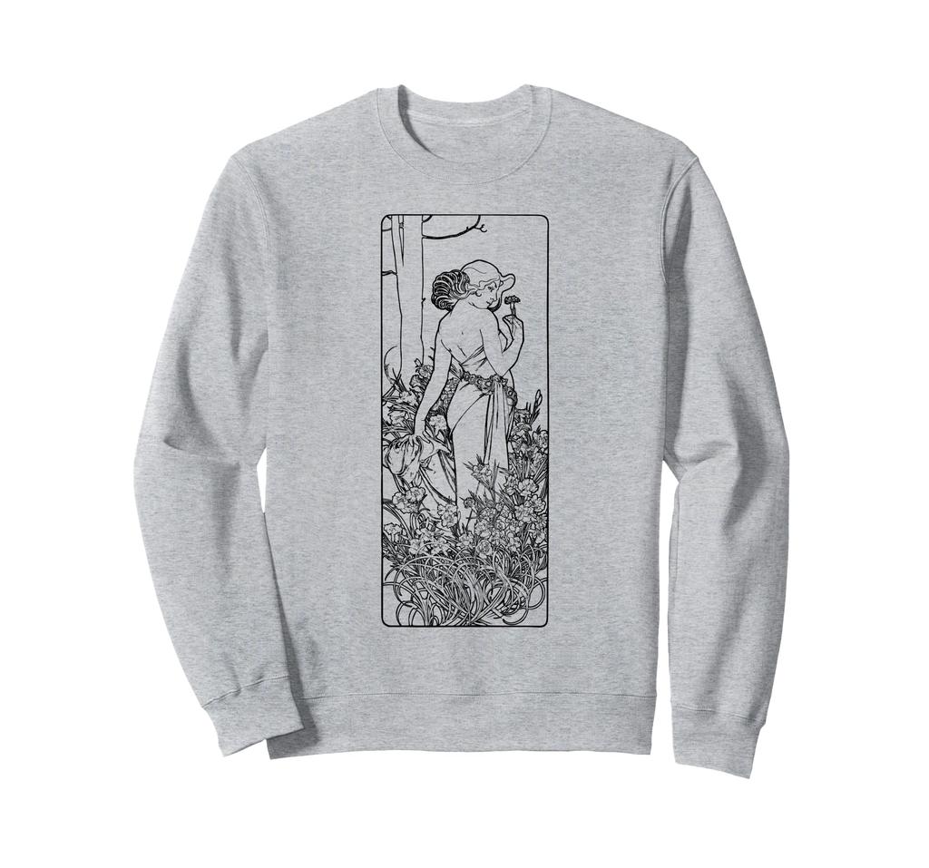 Woman in the Garden Mucha Art Deco Line Drawing Sweatshirt