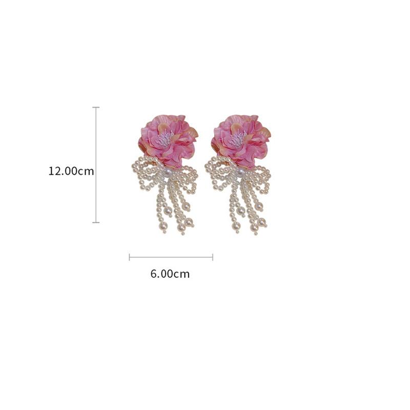 Módní bohémská bílá růžová velké látkové květinové náušnice pro ženy Statement Šperky Ručně vyráběné imitace perly s mašlí střapcem přívěsky