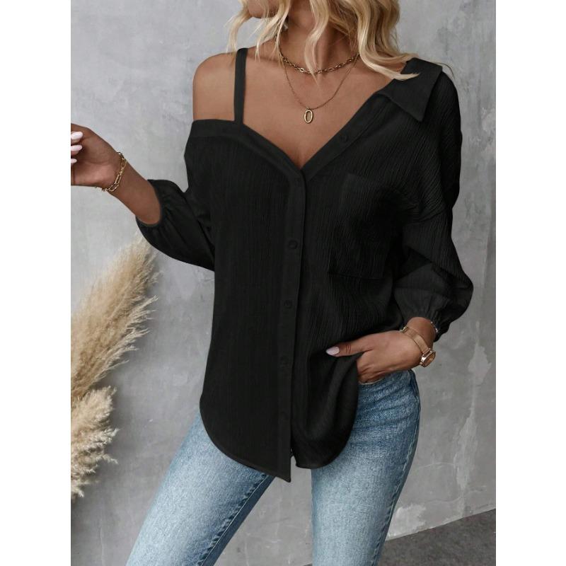 Spring Summer European American Lapel Three-quarter Sleeve Off-shoulder Cardigan Textured Single-breasted Casual Shirt
