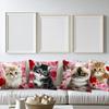 Loving Cat Art Throw Pillow Covers, Cute Kitten With Red Heart & Rose Bouquet Print Cushion Cases, Warm Romantic Aesthetic Decor