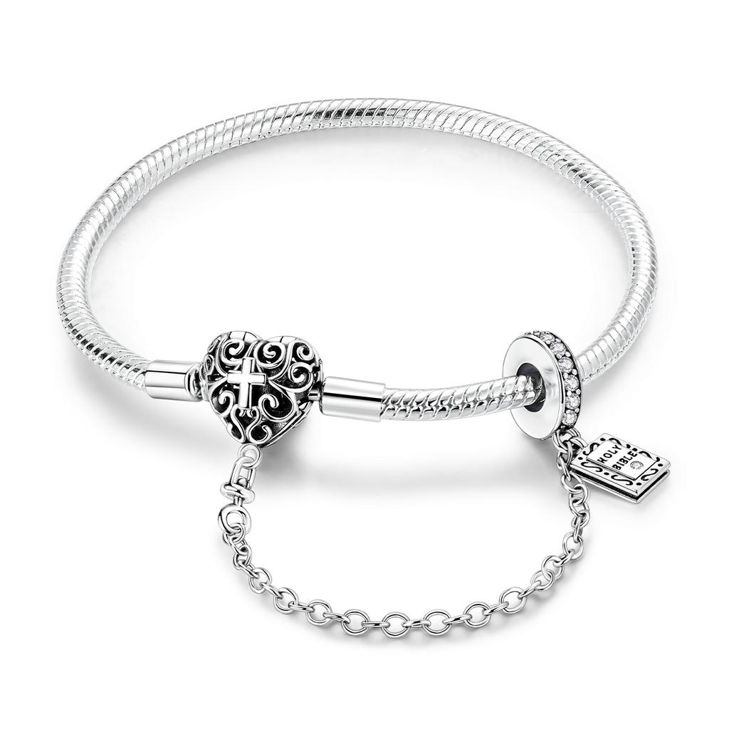 Charm Bracelet 925 Silver Heart Shape Holy Mother Snake Chain Clasp Bracelet Fit Original Bead DIY Fashion Jewelry
