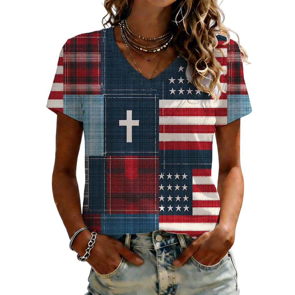 Women’s Casual V Neck Short Sleeve Pullover T Shirt with Independence Day Inspired Print and Floral Pattern for Summer Wear