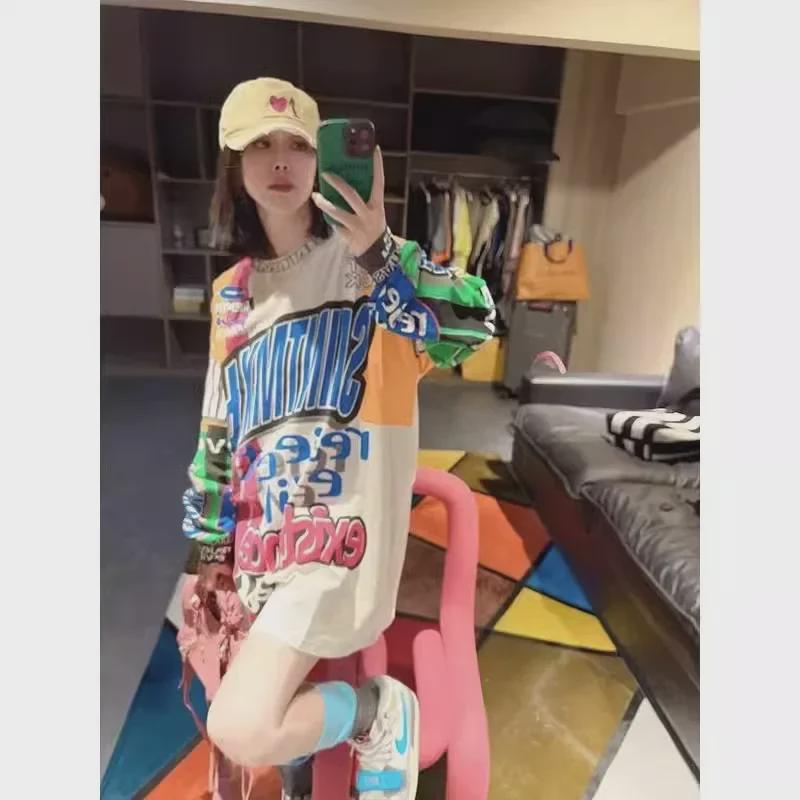 „Herbst-T-Shirt mit Graffiti-Print und Rundhalsausschnitt in Übergröße, langärmliges T-Shirt für Damen, altersreduzierende, lockere Passform“