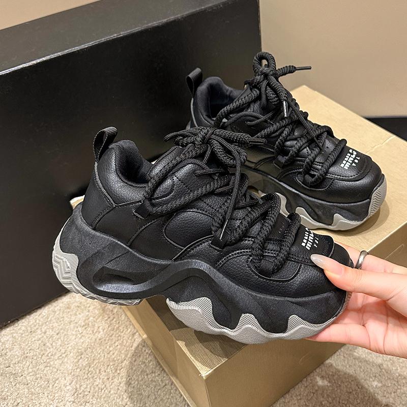 Black Women Chunky Leather Sneakers High Platform Ulzzang Sports Shoes New 2025 Spring Thick Bottom Women's Wedge Casual Shoes