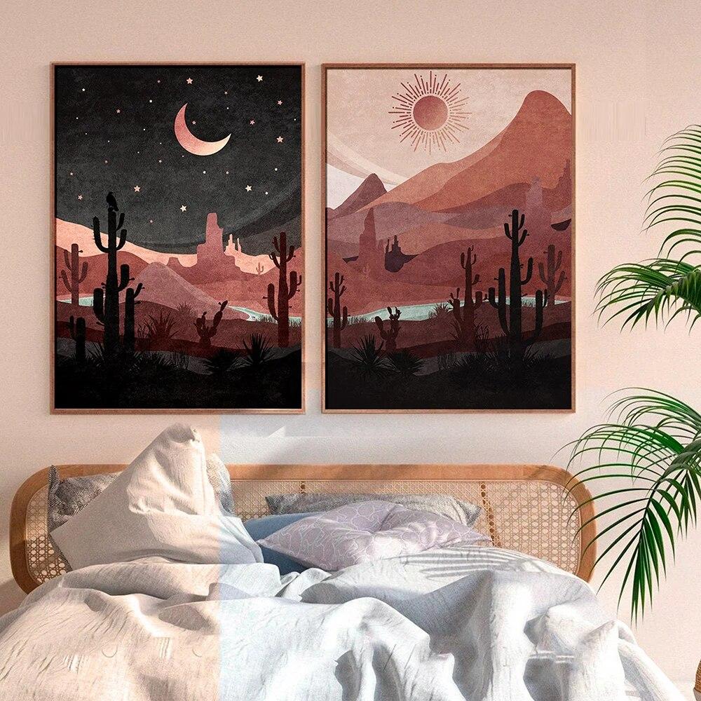 Boho Slunce a Měsíc Abstraktní Vintage Obraz na plátně Pouštní Krajina Kaktus Umělecký tisk Nástěnný obraz do obývacího pokoje Domácí dekorace Bez rámu