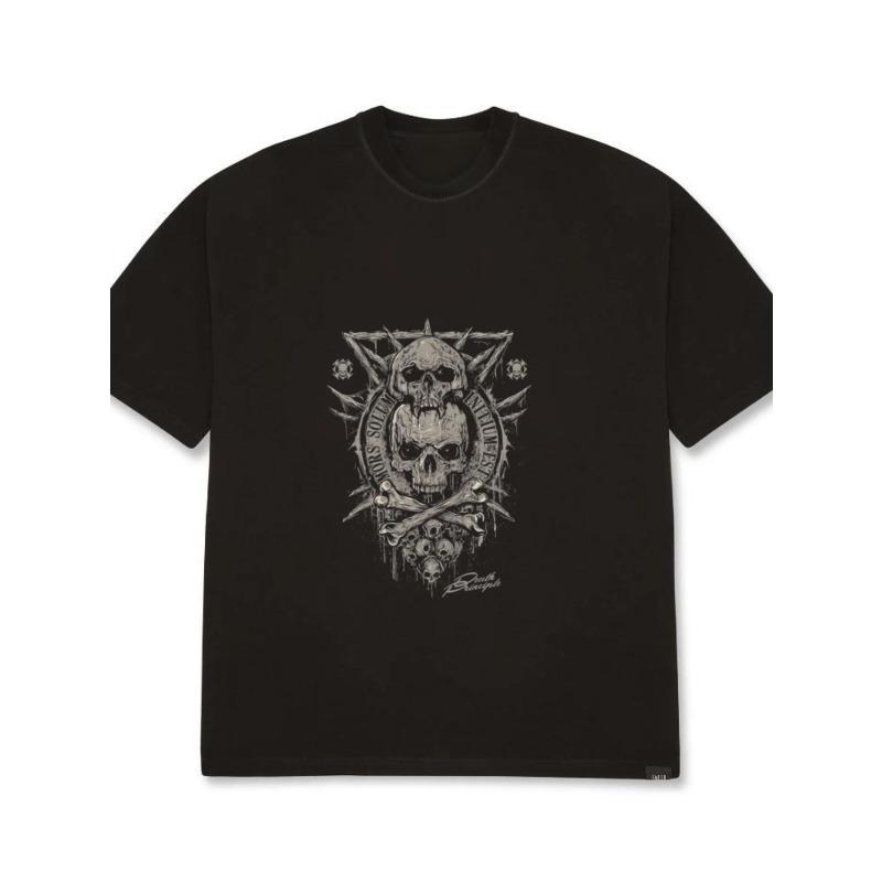 

Футболка оверсайз черного цвета с дизайном черепа и костей, креста и звезды и текстом для уличной и повседневной носки XXXXL чёрный