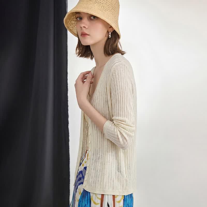 Women's French V-Neck Tencel Linen Blend Cardigan