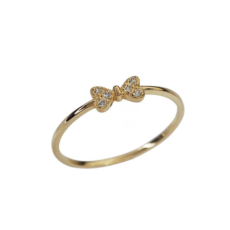 14K Gold-Plated S925 Sterling Silver Zircon Bow Knot Pinky Ring for Women