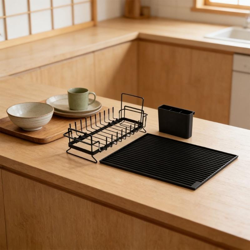 Adjustable Metal Dish Drainer Rack And Silicone Drying Mat Cutlery Holders For Compacts Kitchen Sink Organization Storage