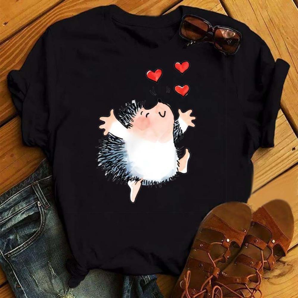 Women's Short-sleeved Hedgehog Print Fashion Round Neck T-shirt Oversized T-shirt Aesthetic Clothes Top