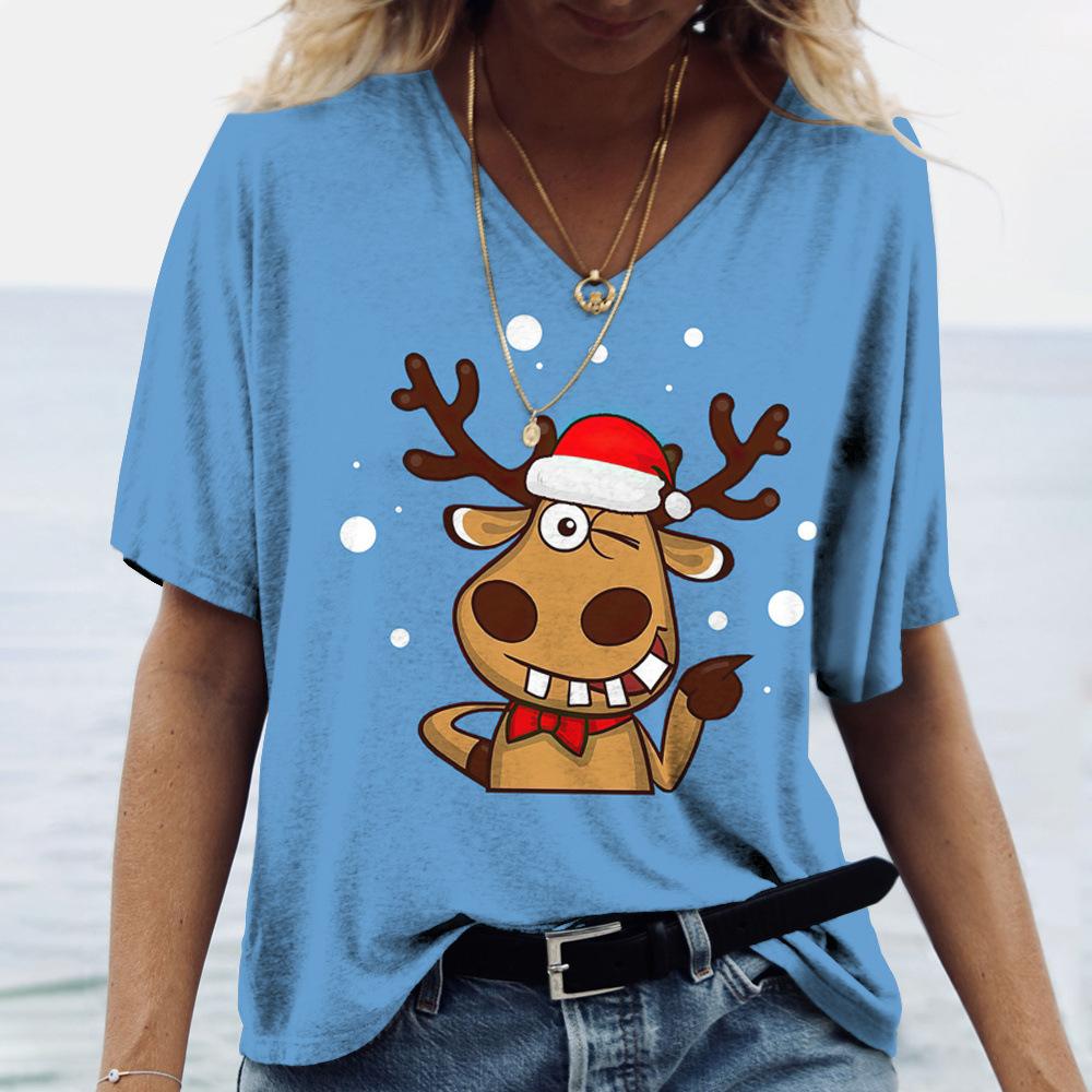 Plus Size 6XL Merry Christmas Women's Short sleeved V-neck T-shirt Christmas Tree Santa Claus Letter Print Simple Trendy Trend Women Clothing