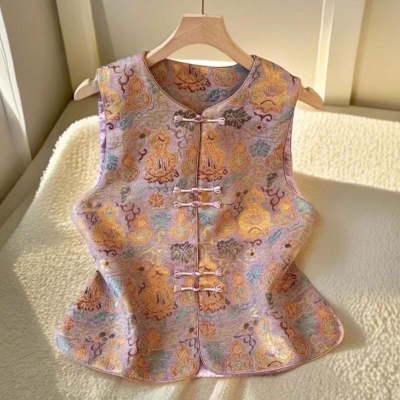 

Autumn Retro Frog Button Vest for Middle-aged and Elderly Women - Chinese National Style Round Neck Top 5XL фиолетовый