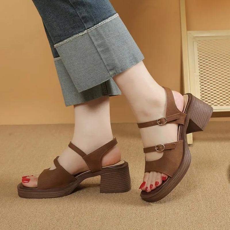 Fashion 2024 New Retro PU Leather Women's Sandals Square High Heel Sandals Office Platform Buckle Shoes Fashion Casual