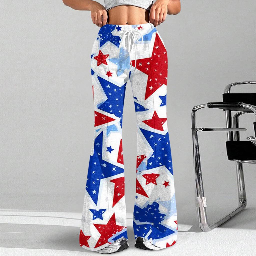 Women's Fashion Loose Drawstring Tight Waist Independence Day Printed Casual Sports Pants Casual Flared Pants