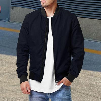 Men Spring Autumn Jacket Stand Collar Long Sleeve Solid Color Baseball Coat with Pockets Zipper Placket Baseball Style Outerwear