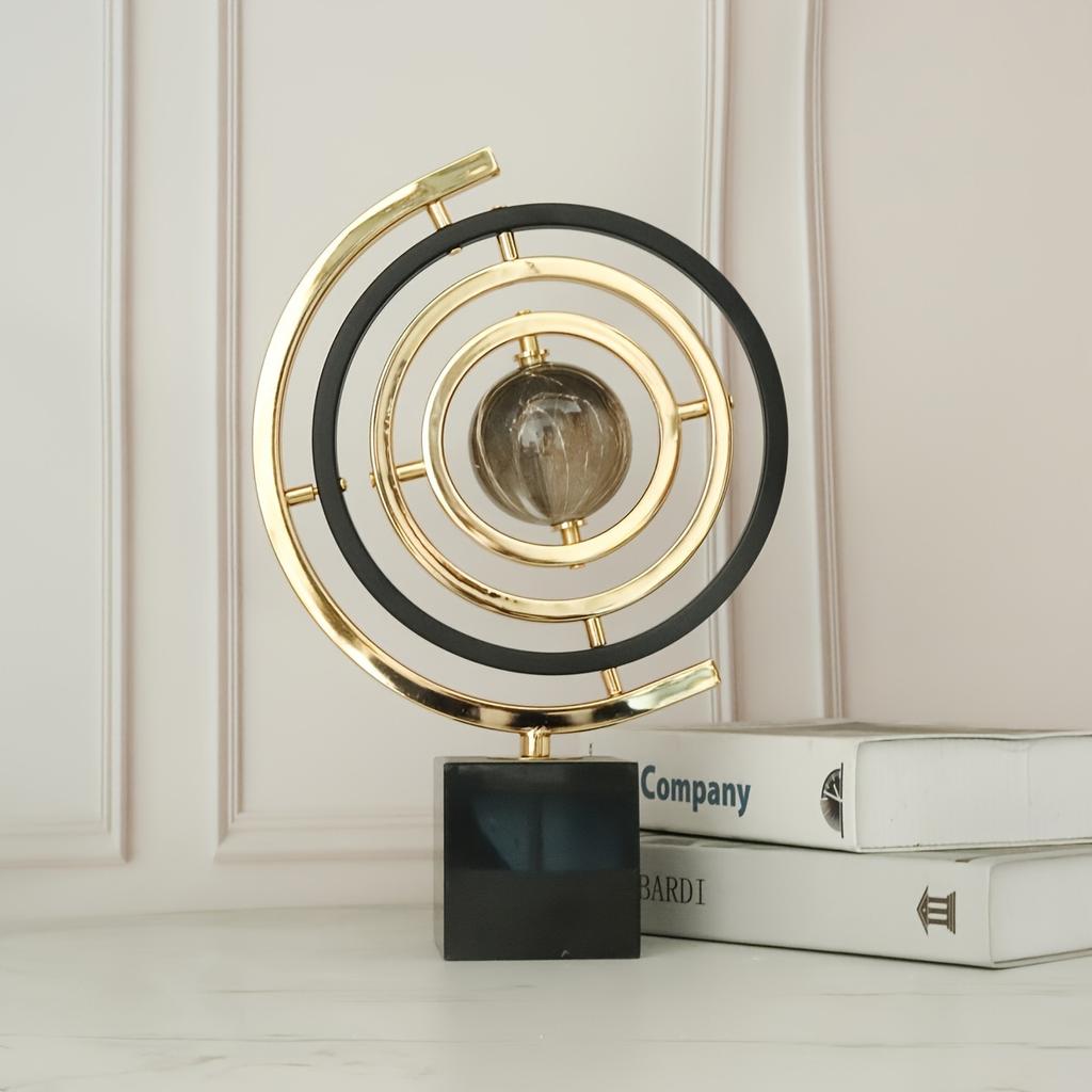 360-Degree Rotating Modern Abstract Metal Globe Sculpture with Rectangular Stand - Black & Golden Art Decor for Home or Office