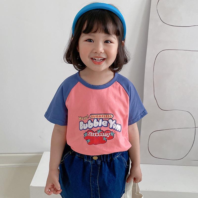 Girls' 2025 Summer Color Block Cartoon Print Cotton T-shirt, Round Neck, Short Sleeve