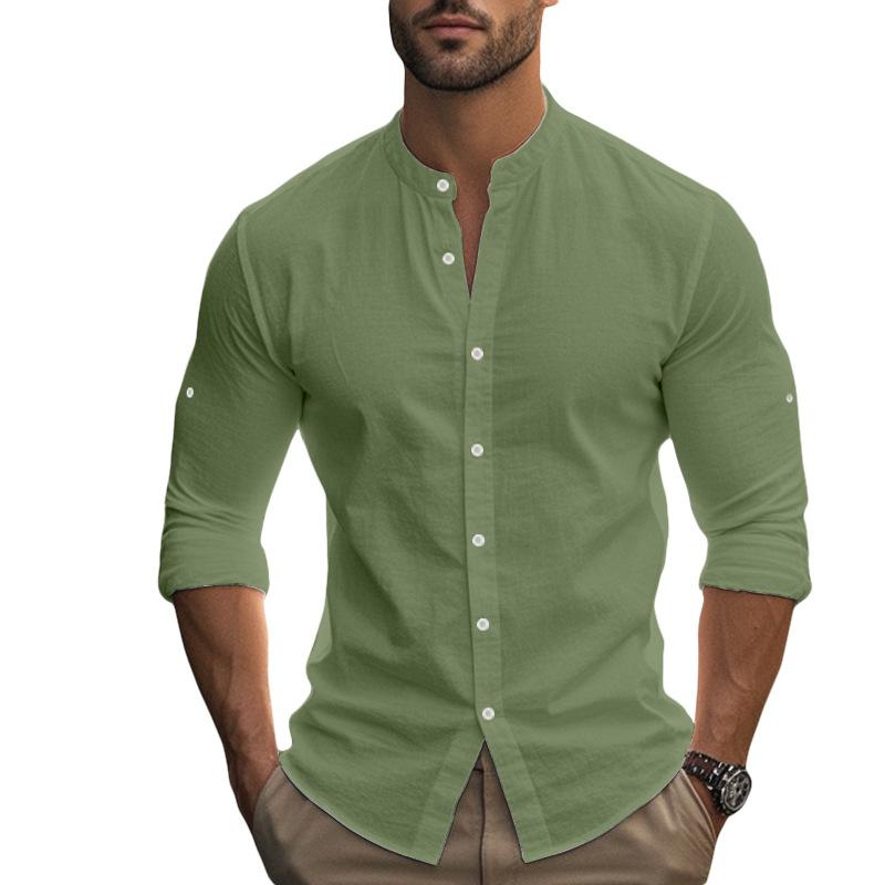 Men S Hawaiian Style Cotton Linen Blend Stand Collar Long Sleeve Casual Shirt