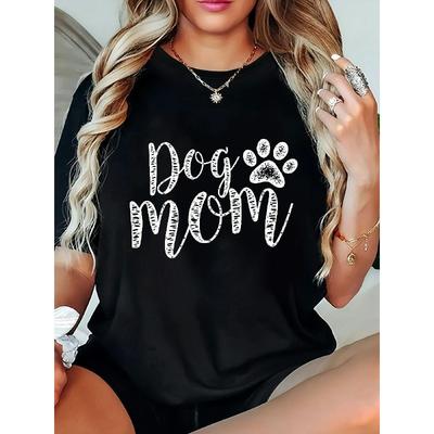 Damen Übergröße Hundemama Grafik T-Shirt Schwarz Weiß Text Pfotenabdruck Lockerer Schnitt Rundhals Haustierliebhaber Ganzjahres Freizeit Maschinenwaschbar Oberteil