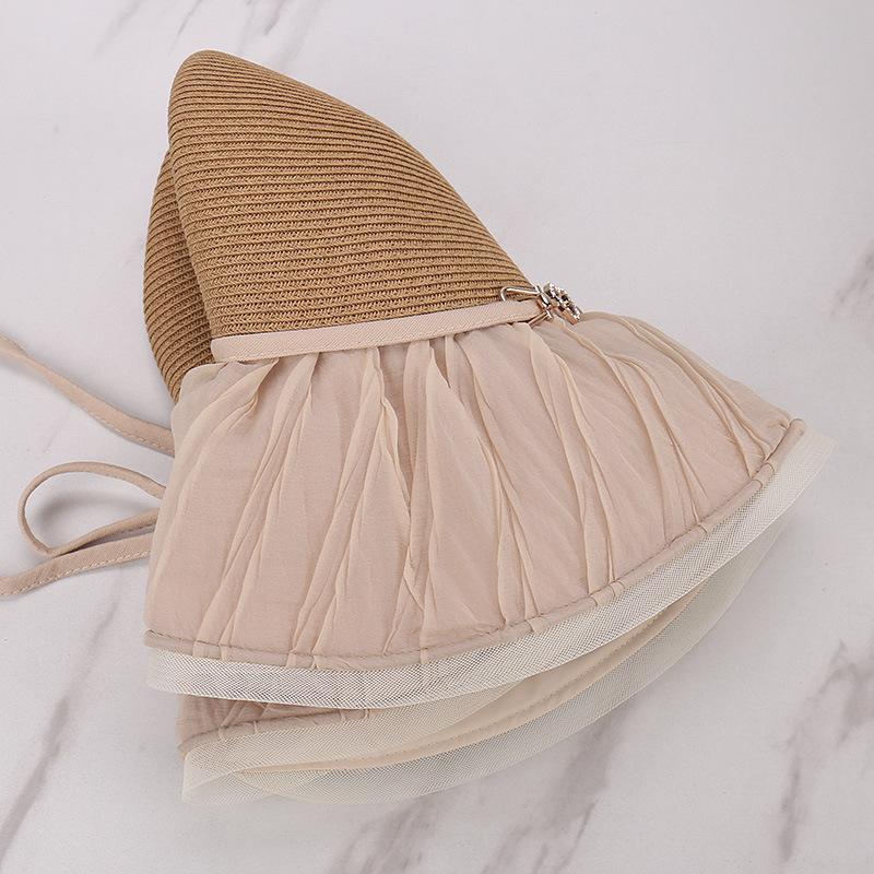 Summer new pleated bow light luxury temperament mesh gauze hat women's outdoor travel versatile big eaves fisherman hat