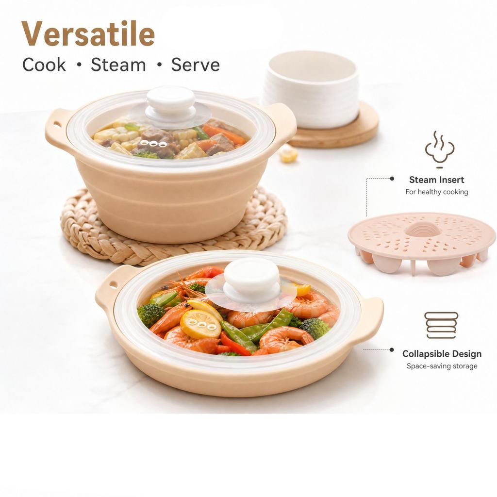 Silicone Steamer Pot with Steamer Rack, - Pot for Kitchen Cooking and Steaming