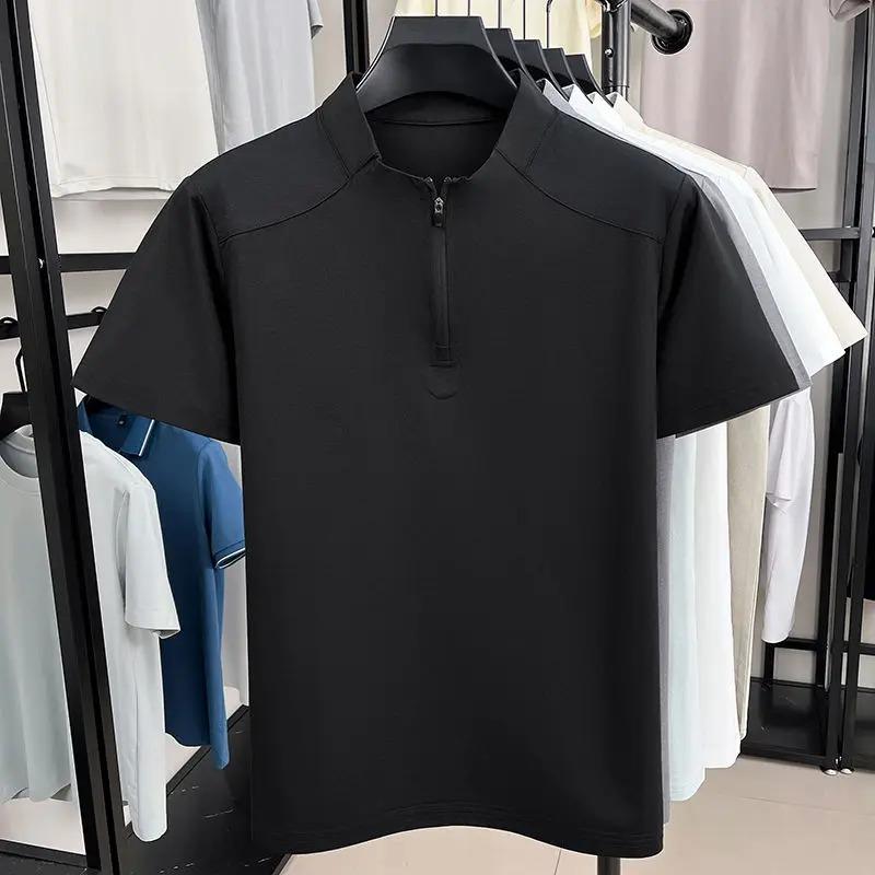 Men's Short Sleeve T Shirt Half Zipper Casual Mesh Beach Breathable Pullover Solid Color Lightwear Loose Comfortable