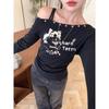 2025 Autumn/Winter Slim-Fit Cat Print One-Shoulder Long-Sleeve Top