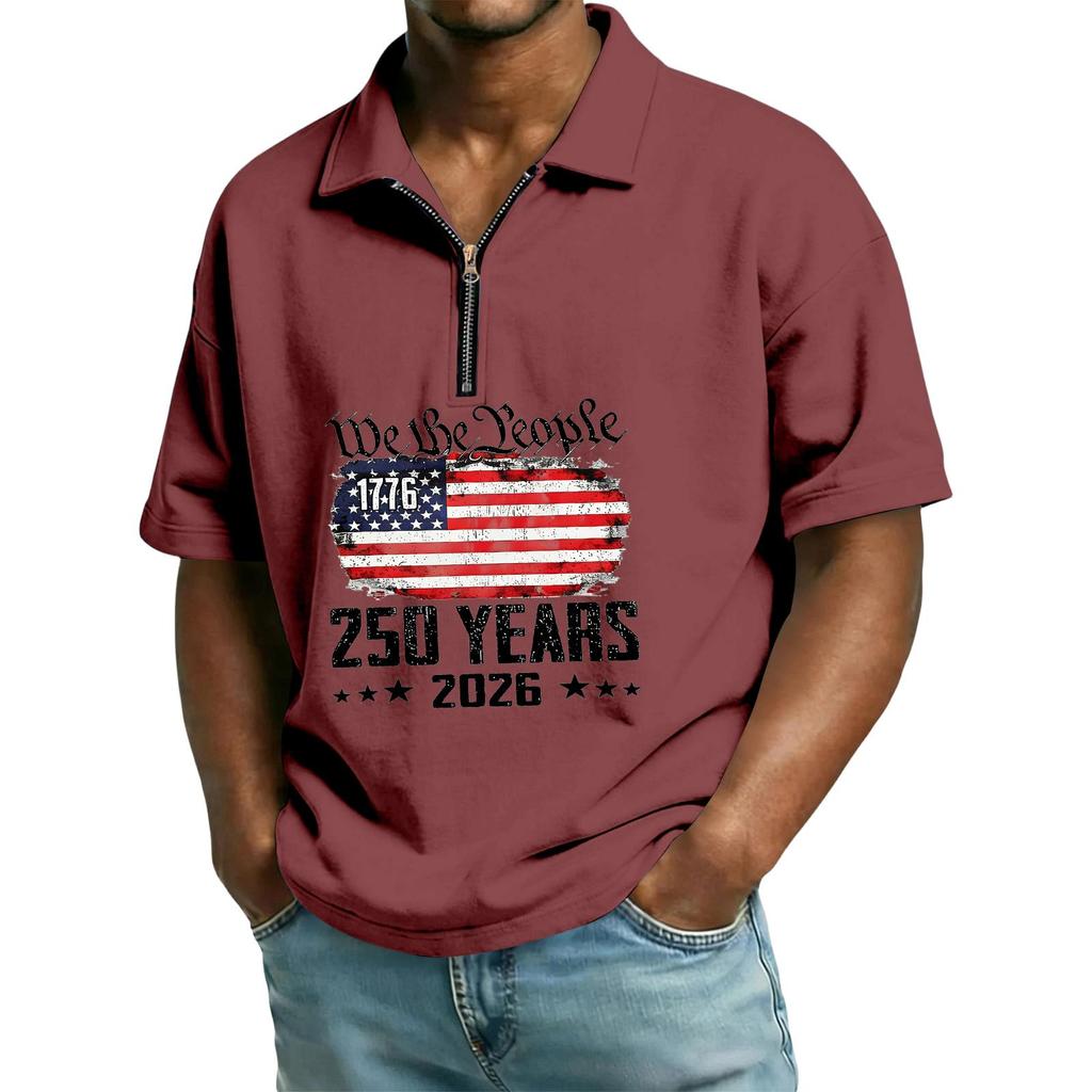 Men's Casual Loose American Independence Day Printed T-shirt Lapel Short Sleeve Daily Tops