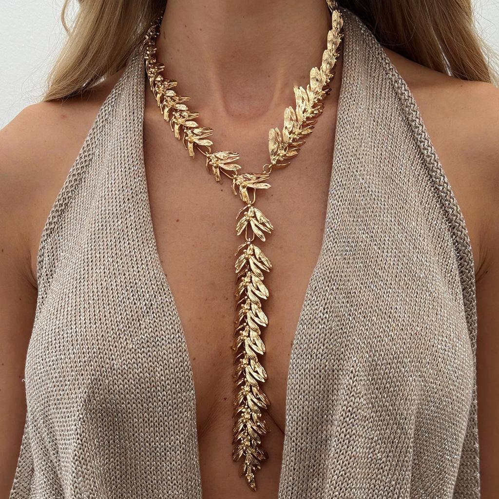 Fashion Creative Metal Wheat Ears Y-Shaped Long Necklace, Design Sense Geometric Leaf Tassel Necklace Women