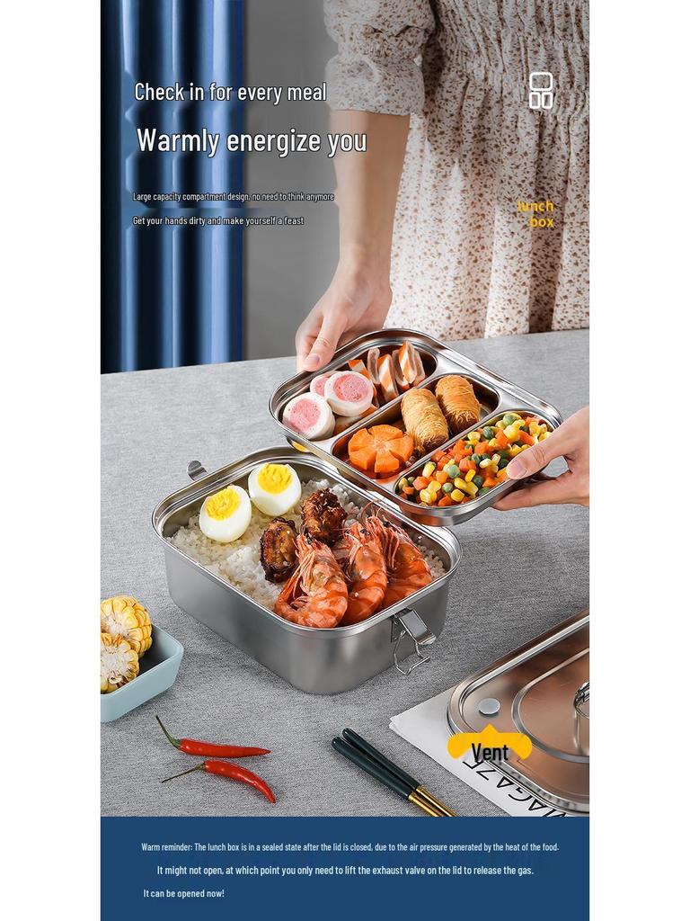 304 Stainless Steel Bento Lunch Box with Lid & Handle - Portable, Sealed Meal Container for Students & Office Workers