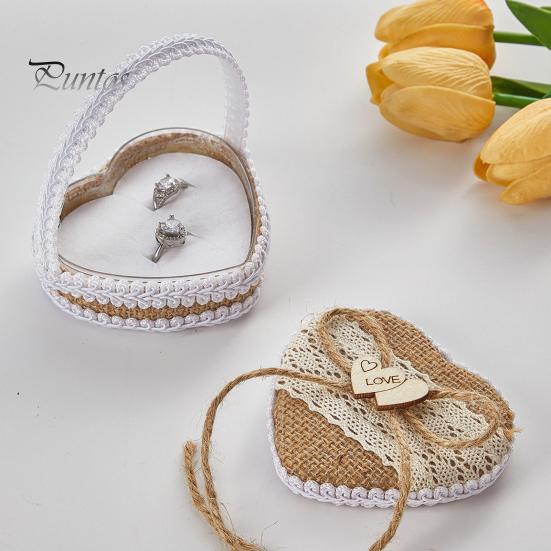 Tragbare Ringbox in Herzform, Spitzendekor, Eheringkissen, Innenteil aus weichem Schaumstoff, Ringkorb mit Tragegriff