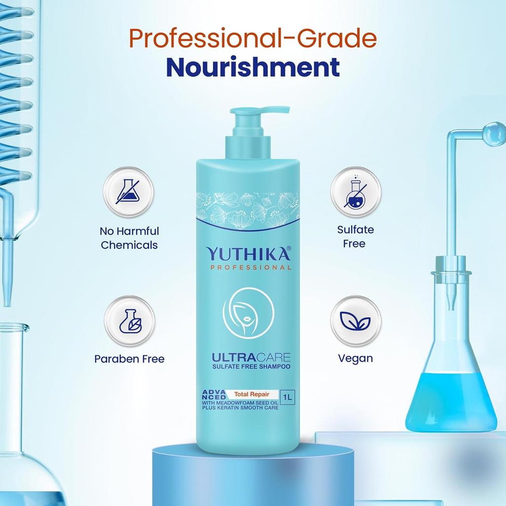 Yuthika Professional Ultracare Sulfatfreies Shampoo 1000 ml für geschädigtes, trockenes, krauses Haar Tägliche Anwendung