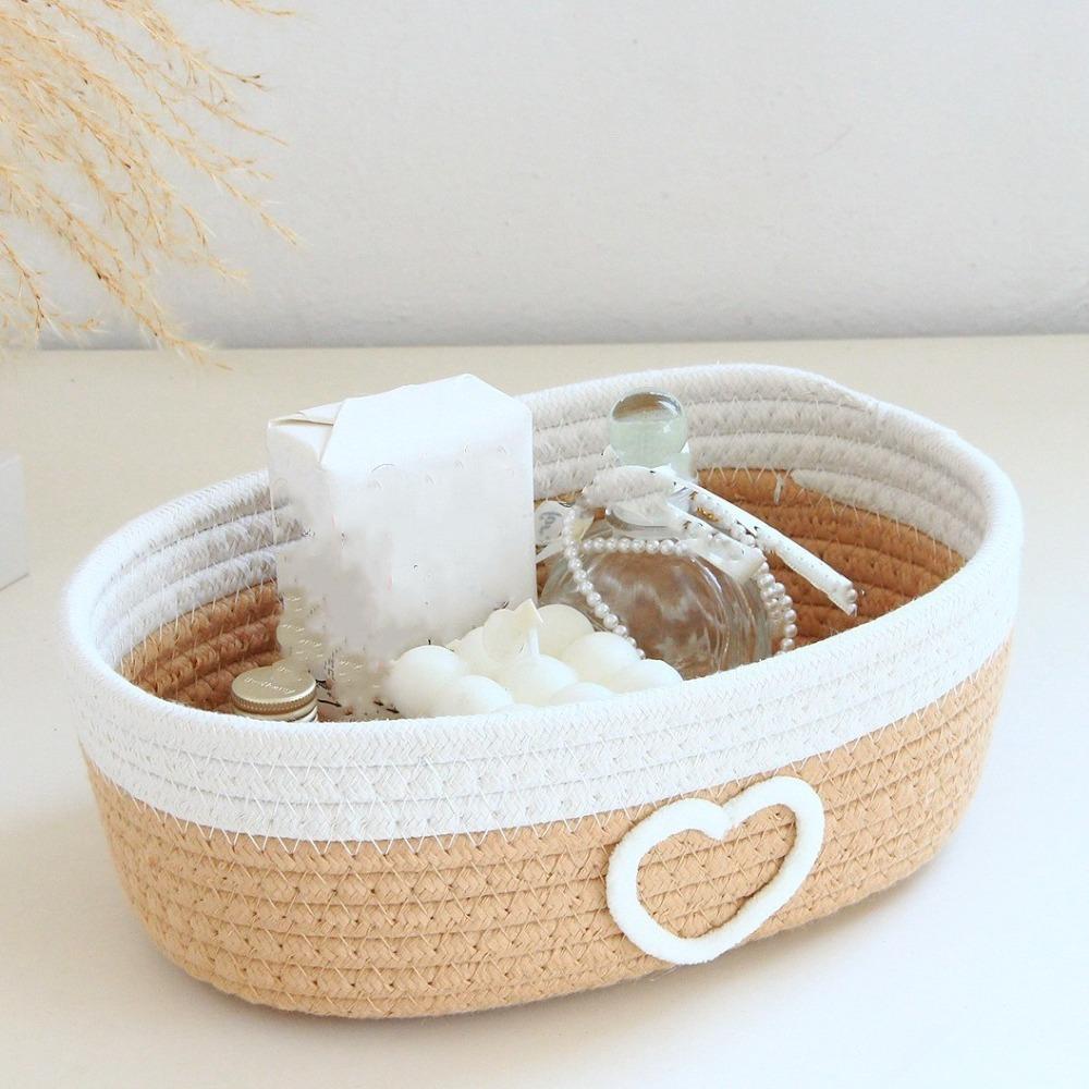 

Heart Pattern Weaving Storage Basket Handmade Desktop Organizer Bathroom Organization 9.25x5.91x3.15 in-Style B