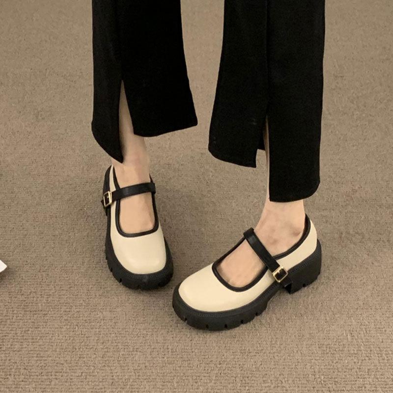 

French retro Mary Jane thick-heeled single shoes women s shoes new spring gentle evening wind platform high heels 40 бежевый
