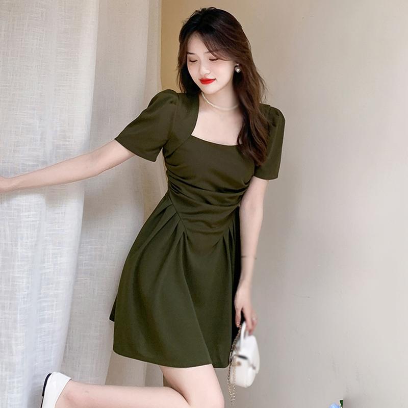 

Винтажное мини-платье для женщин, темпераментные платья с квадратным вырезом и пышными короткими рукавами L