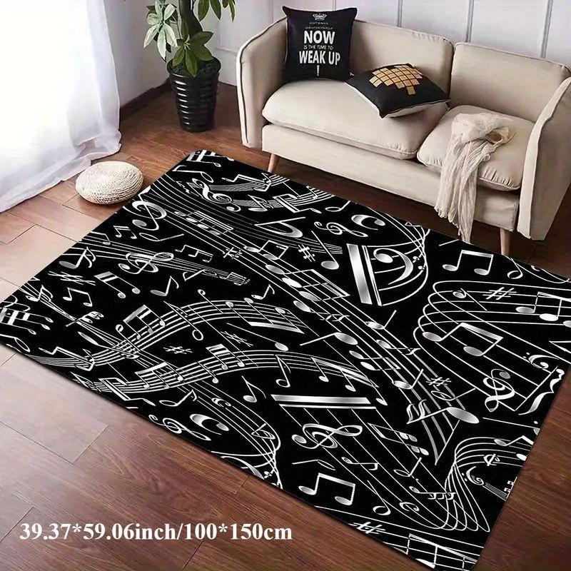 Flannel Printed Music Notes Rug Black White Design Soft Fleece Floor Mat Living Room Carpet Musical Theme Decor Artistic Rugs