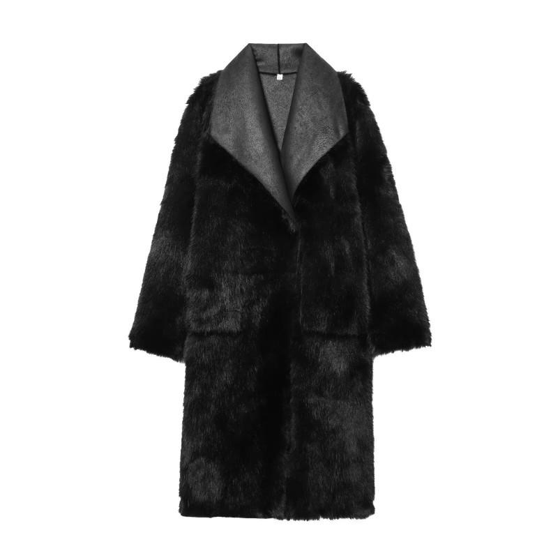 Womens Double-Sided Faux Fur Long Coat Winter Streetwear Oversized Hoodless Jacket Black Khaki