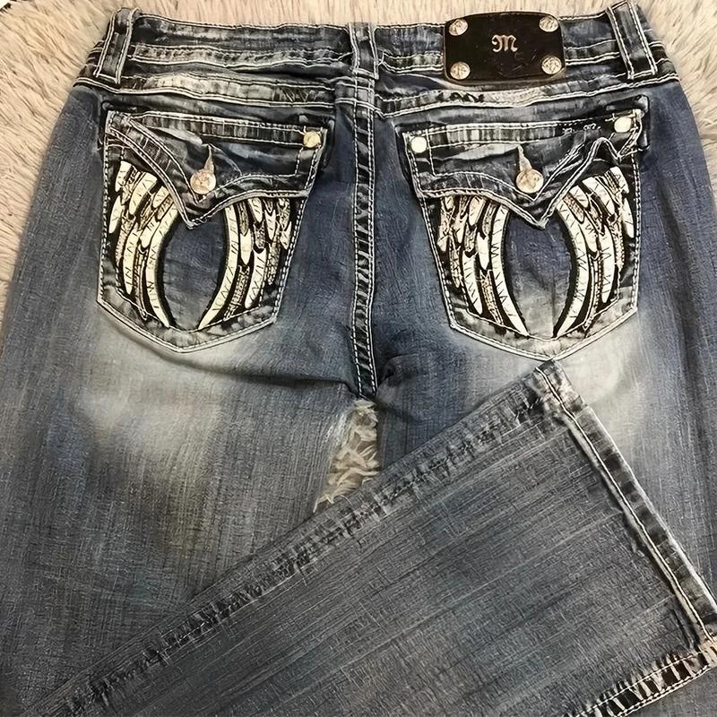 FlowStreet Jeans Vintage Anni '90 Donna Y2K Nuovi Jeans Blu Tasca Ala Ricamata Hip Hop Harajuku Gotico Pantaloni Larghi Streetwear Pantaloni Donna