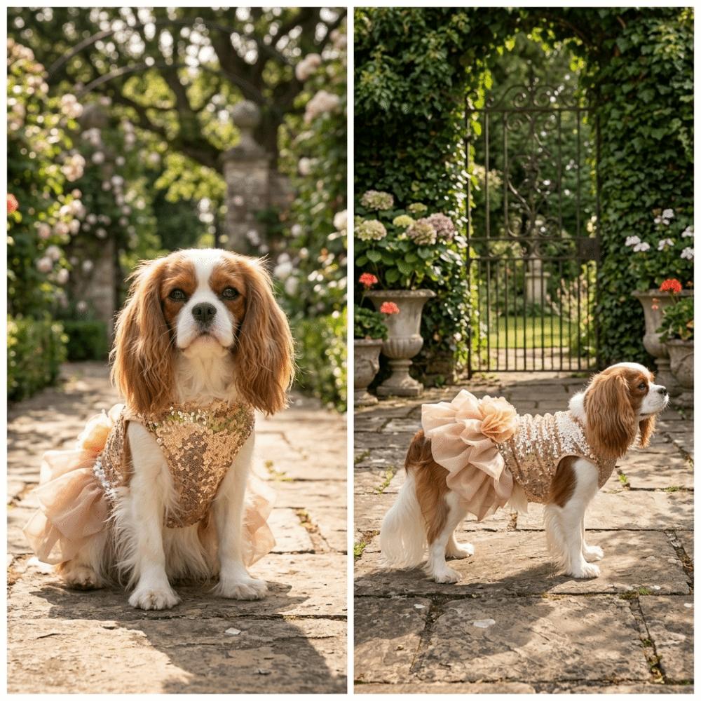 

Gold Tone Dog Dress Sequined Detail Puppy Skirt Lightweight Pet Dress Holiday Event XS золотий