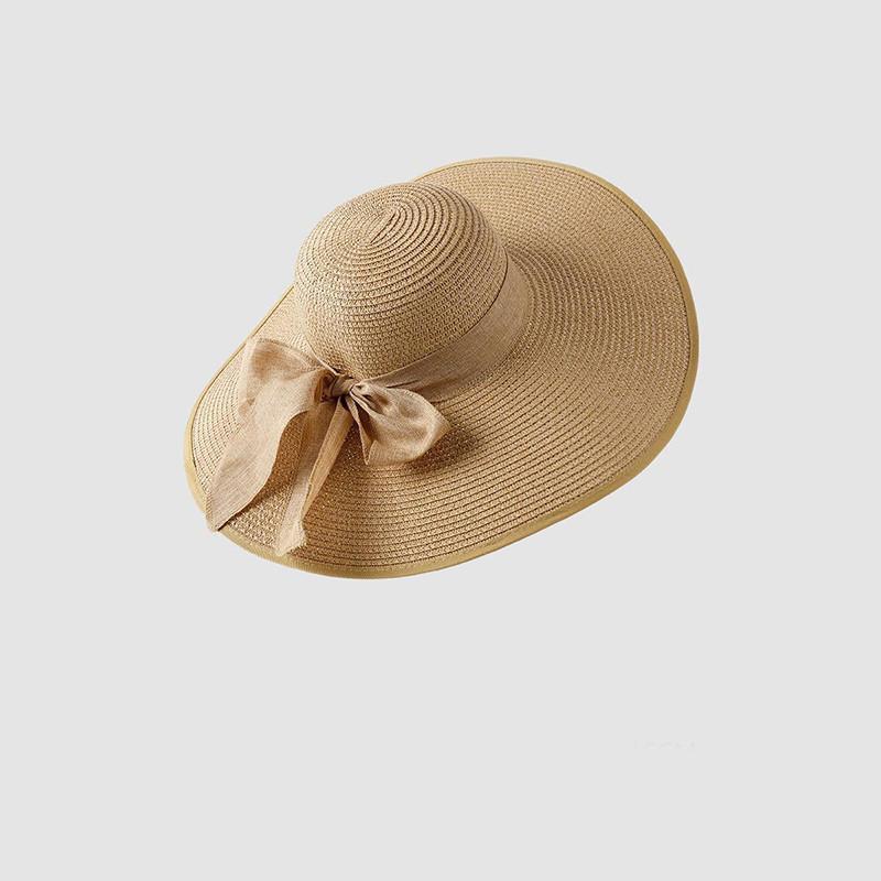 Women's Wide Brim Straw Hat With Bow Beach Sun Hat Uv Protection Korean Style